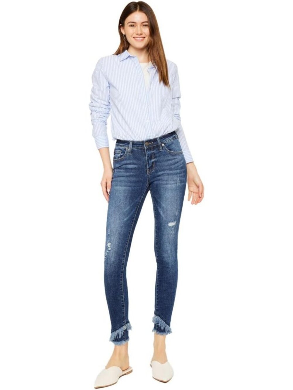 Mid Rise Double Frayed Hem Ankle Skinny Jeans for Women - Stylish & Trendy Fit